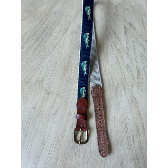 Leather Man LTD Canvas Belt Mens 32 Fish Mahi Blue Dolphin Brass Buckle USA Dad - Picture 9 of 12